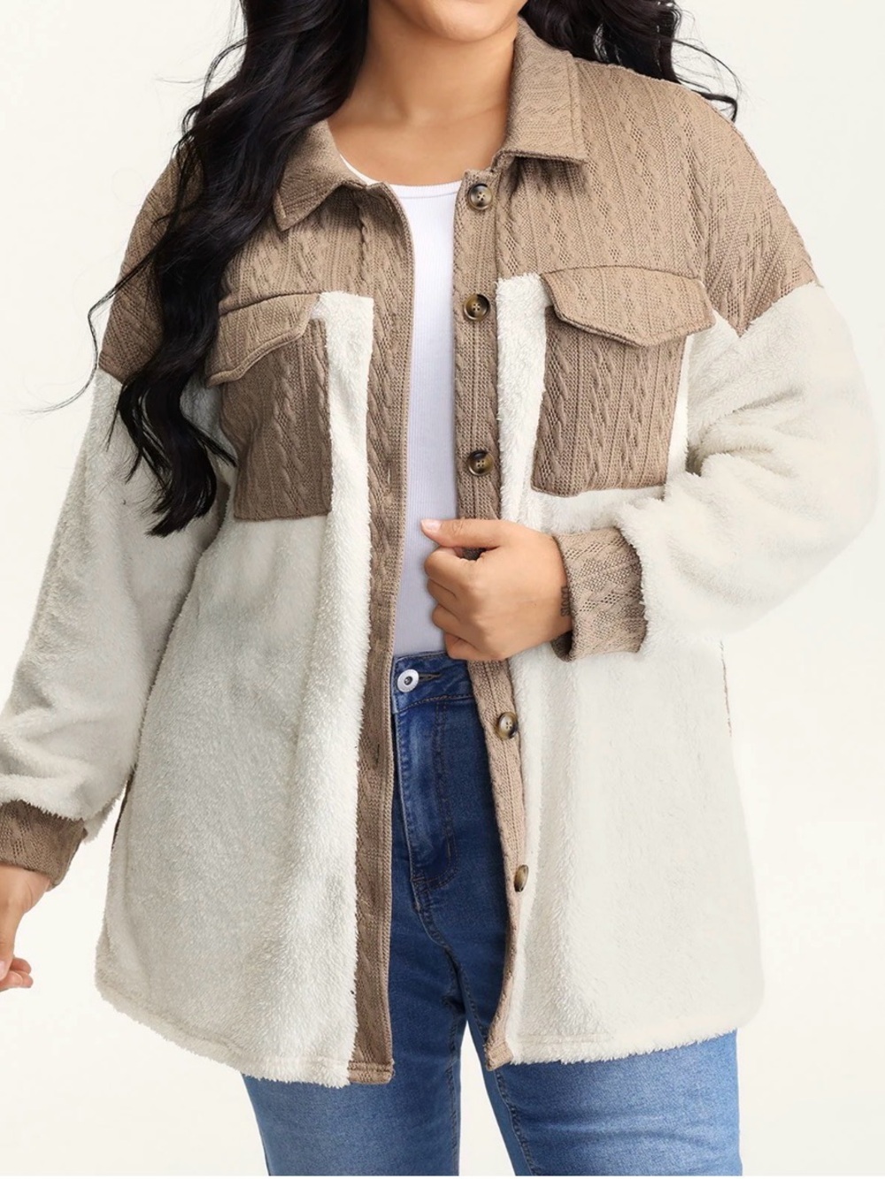 BloomChic Two-Tone Teddy Shacket in Taupe & Cream